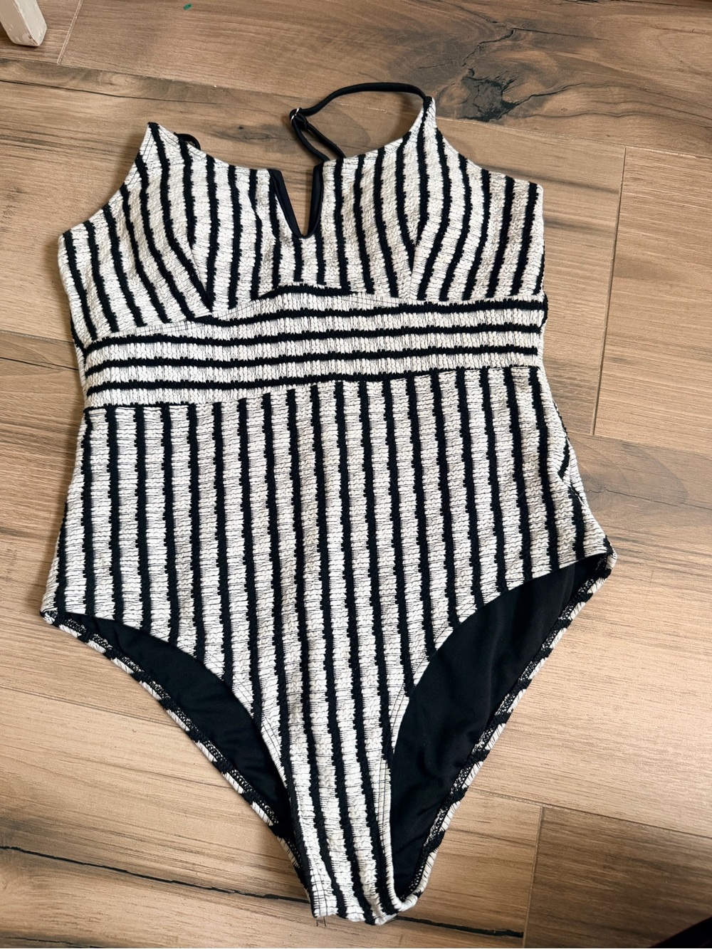 Black and White Striped Textured One-Piece Swimsuit